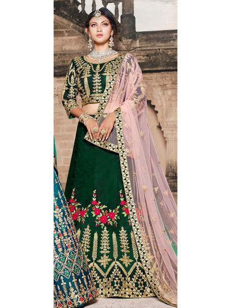 Myra Green Taffeta Embroidered Lehenga | Grocsy