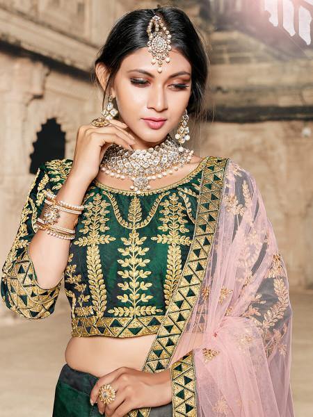 Myra Green Taffeta Embroidered Lehenga | Grocsy