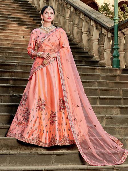 Myra Peach Satin Embroidered Lehenga | Grocsy