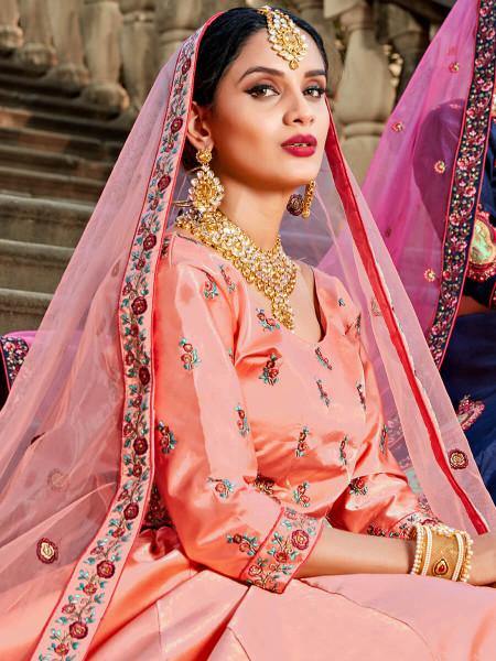 Myra Peach Satin Embroidered Lehenga | Grocsy
