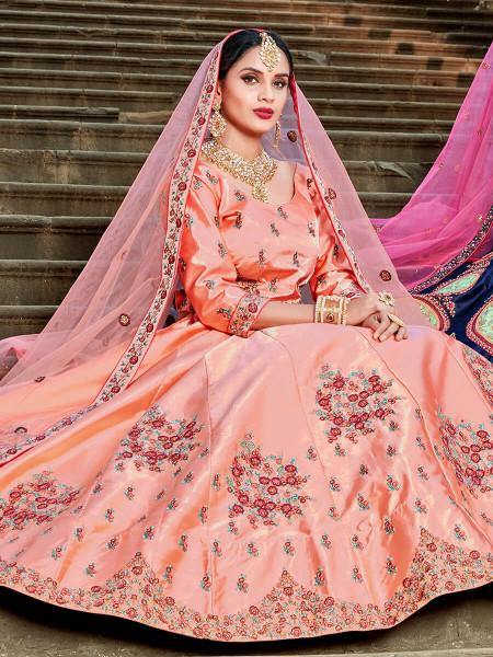 Myra Peach Satin Embroidered Lehenga | Grocsy