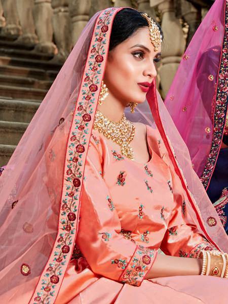 Myra Peach Satin Embroidered Lehenga | Grocsy