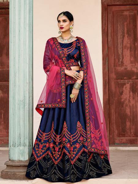 Myra Navy Blue Satin Embroidered Lehenga | Grocsy