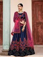 Myra Navy Blue Satin Embroidered Lehenga | Grocsy