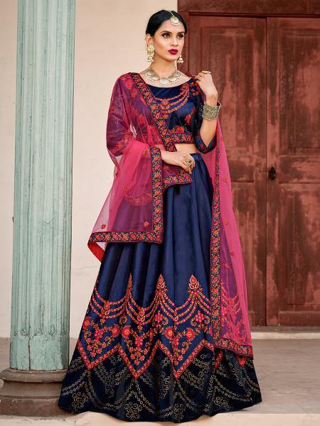 Myra Navy Blue Satin Embroidered Lehenga | Grocsy