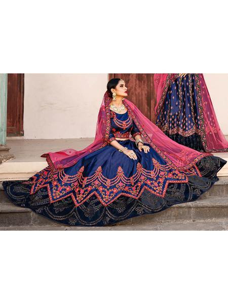 Myra Navy Blue Satin Embroidered Lehenga | Grocsy