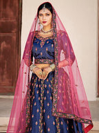 Myra Navy Blue Satin Embroidered Lehenga | Grocsy