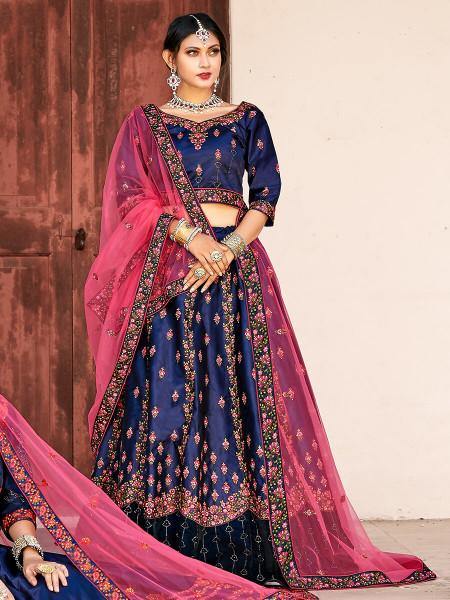 Myra Navy Blue Satin Embroidered Lehenga | Grocsy