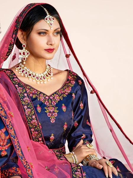 Myra Navy Blue Satin Embroidered Lehenga | Grocsy