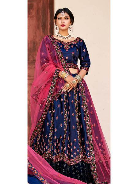 Myra Navy Blue Satin Embroidered Lehenga | Grocsy