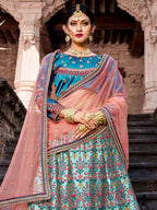 Myra Skyblue Satin Embroidered Lehenga | Grocsy