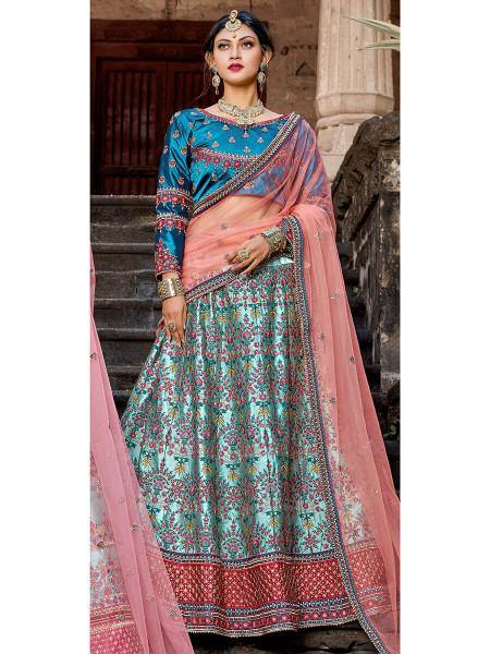 Myra Skyblue Satin Embroidered Lehenga | Grocsy