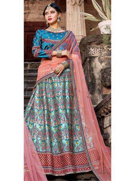 Myra Skyblue Satin Embroidered Lehenga | Grocsy