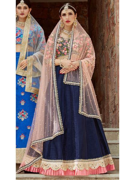 Myra Navy Blue Art Silk Lahanga | Grocsy