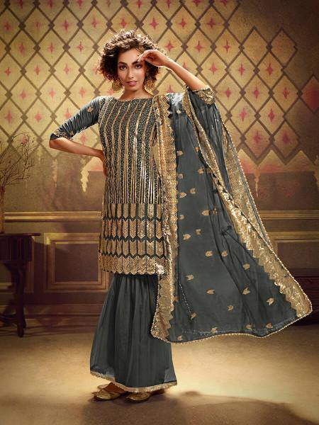 Myra Grey Soft Net Gharara Suit | Grocsy