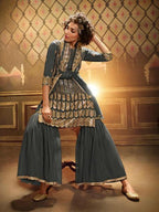 Myra Grey Soft Net Gharara Suit | Grocsy