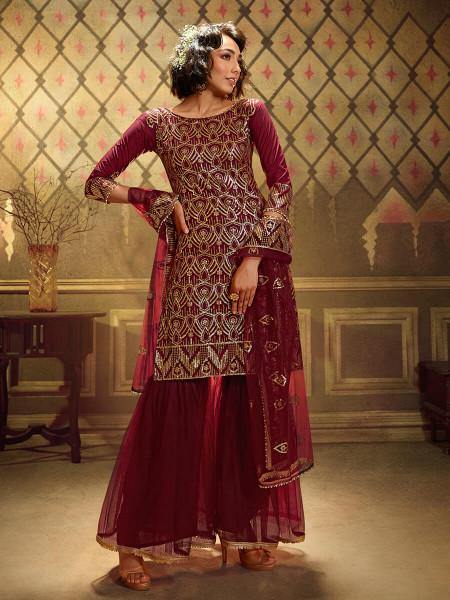 Myra Maroon Soft Net Gharara Suit | Grocsy