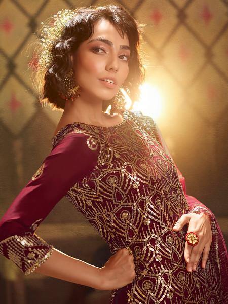Myra Maroon Soft Net Gharara Suit | Grocsy