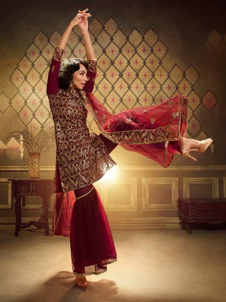 Myra Maroon Soft Net Gharara Suit | Grocsy