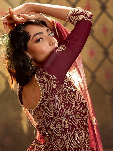 Myra Maroon Soft Net Gharara Suit | Grocsy