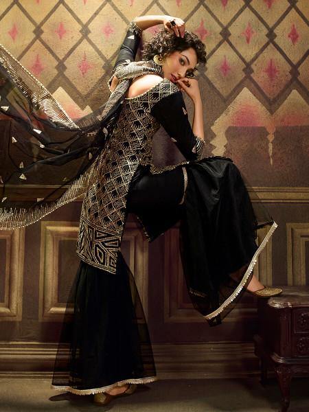 Myra Black Soft Net Gharara Suit | Grocsy