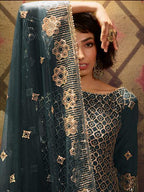 Myra Rama Green Soft Net Gharara Suit | Grocsy