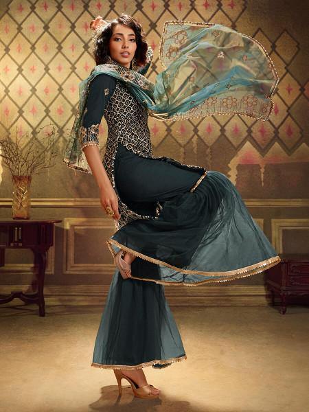 Myra Rama Green Soft Net Gharara Suit | Grocsy