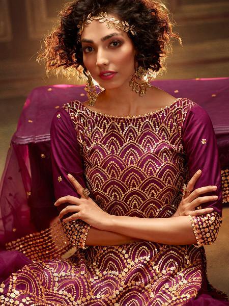 Myra Wine Soft Net Gharara Suit | Grocsy