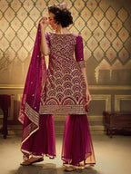 Myra Wine Soft Net Gharara Suit | Grocsy
