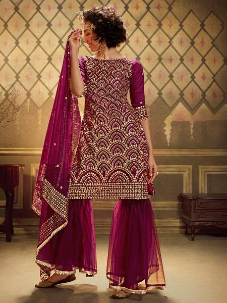 Myra Wine Soft Net Gharara Suit | Grocsy