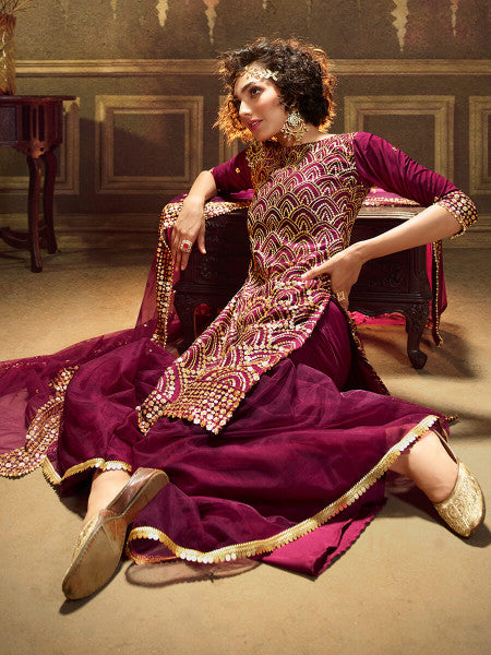 Myra Wine Soft Net Gharara Suit | Grocsy