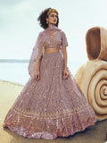 Myra Lilac Embroidered Net Lehenga | Grocsy
