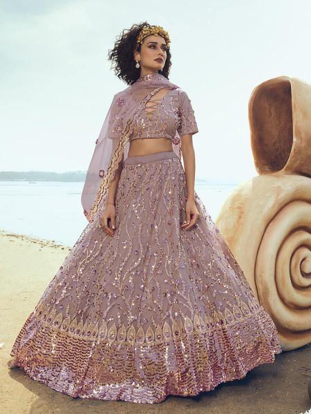 Myra Lilac Embroidered Net Lehenga | Grocsy