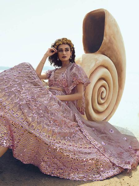Myra Lilac Embroidered Net Lehenga | Grocsy