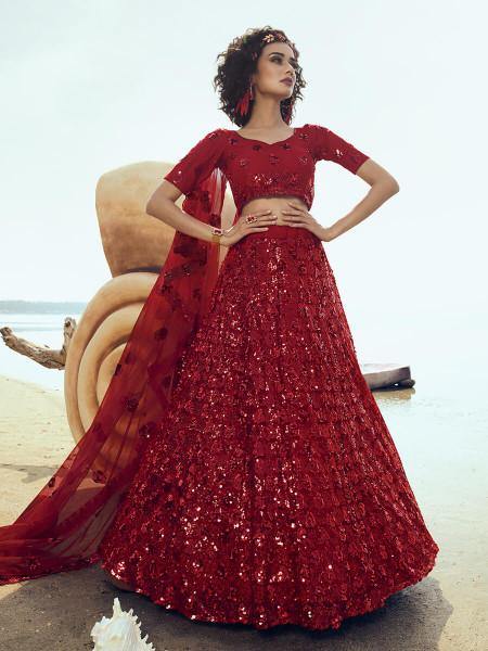 Myra Red Embroidered Net Lehenga | Grocsy