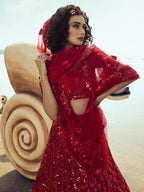 Myra Red Embroidered Net Lehenga | Grocsy