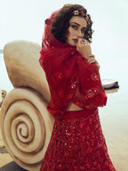 Myra Red Embroidered Net Lehenga | Grocsy