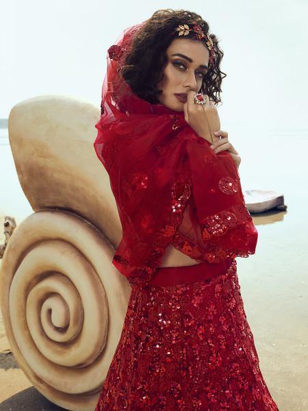 Myra Red Embroidered Net Lehenga | Grocsy