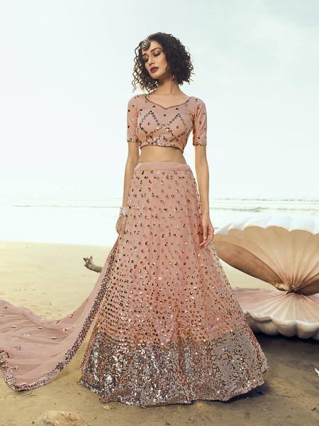 Myra Peach Embroidered Net Lehenga | Grocsy