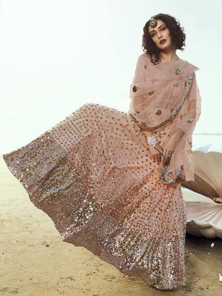 Myra Peach Embroidered Net Lehenga | Grocsy