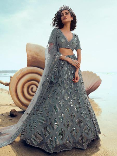 Myra Grey Embroidered Net Lehenga | Grocsy