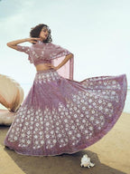 Myra Lilac Embroidered Net Lehenga | Grocsy