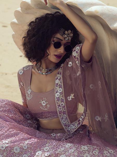 Myra Lilac Embroidered Net Lehenga | Grocsy
