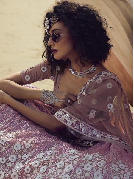 Myra Lilac Embroidered Net Lehenga | Grocsy