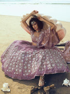 Myra Lilac Embroidered Net Lehenga | Grocsy