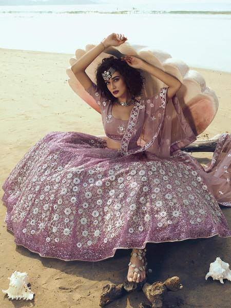 Myra Lilac Embroidered Net Lehenga | Grocsy