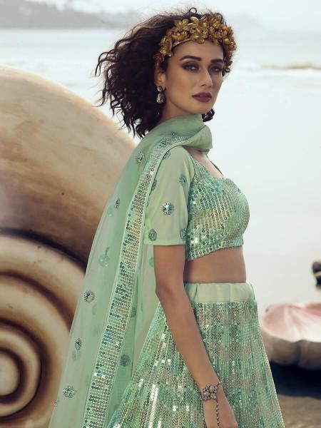 Myra Green Embroidered Net Lehenga | Grocsy