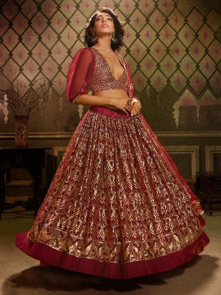 Myra Maroon Embroidered Net Lehenga | Grocsy