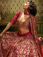 Myra Maroon Embroidered Net Lehenga | Grocsy