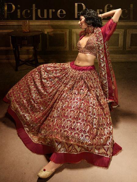 Myra Maroon Embroidered Net Lehenga | Grocsy